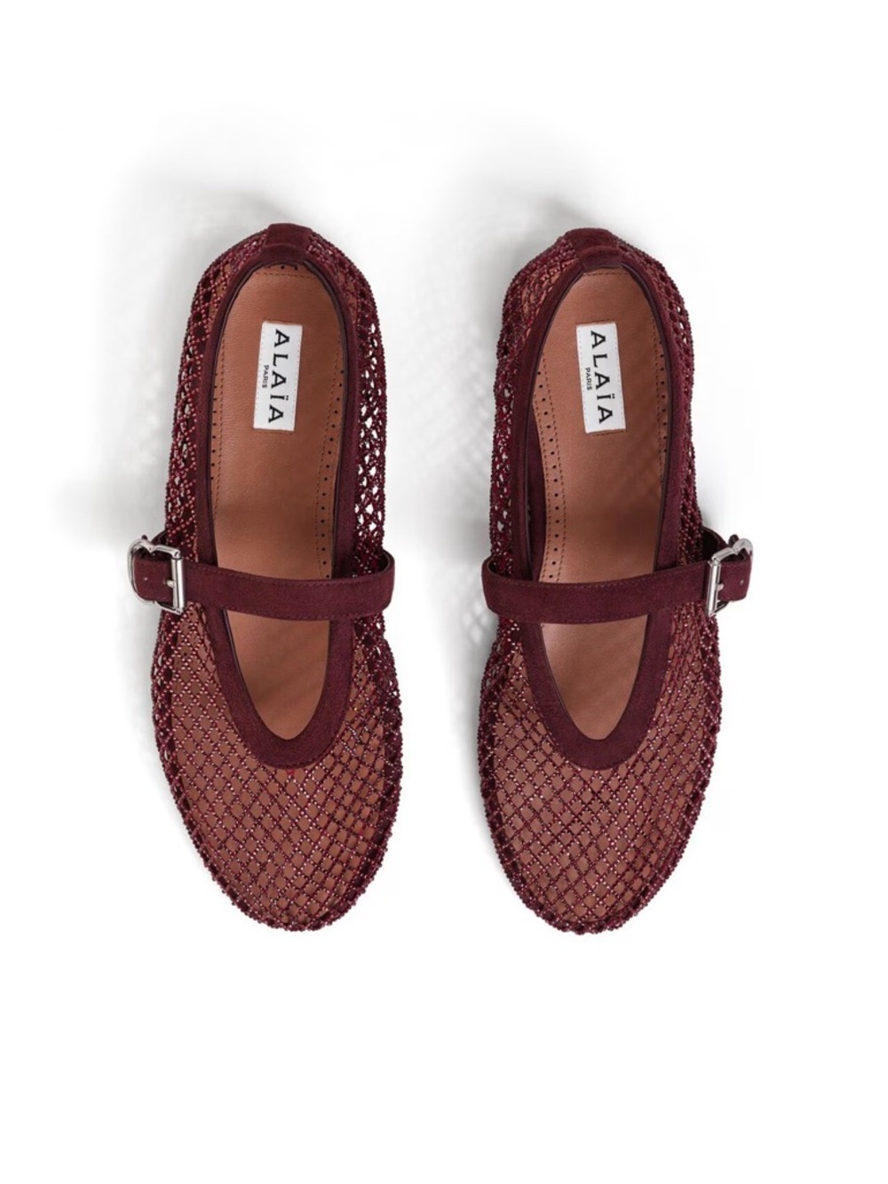 Burgundy Red Alaia Ballet Flats In Strass Fishnet Mary Jane flats